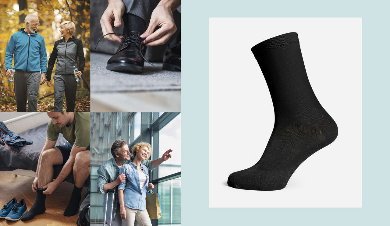 Collage med personer, der bærer sølv - sokker med X–static® sølvtråd